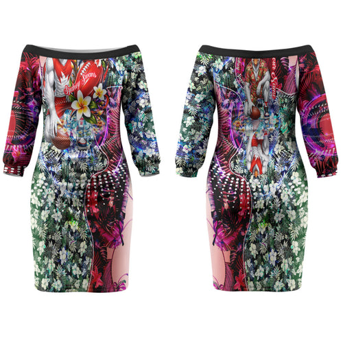 Personalized Sydney Swans Football Couples Matching Off The Shoulder Long Sleeve Dress and Long Sleeve Button Shirt Tropical Hibiscus Flowers - Pacific Fusion Style