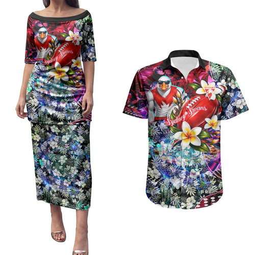 Personalized Sydney Swans Football Couples Matching Puletasi and Hawaiian Shirt Tropical Hibiscus Flowers - Pacific Fusion Style
