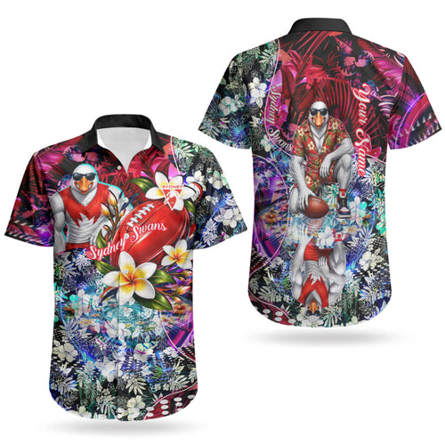 Personalized Sydney Swans Football Couples Matching Puletasi and Hawaiian Shirt Tropical Hibiscus Flowers - Pacific Fusion Style