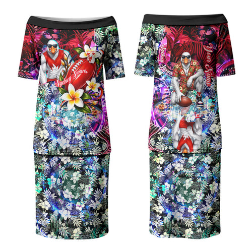 Personalized Sydney Swans Football Couples Matching Puletasi and Hawaiian Shirt Tropical Hibiscus Flowers - Pacific Fusion Style