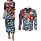 Personalized Sydney Swans Football Couples Matching Puletasi and Long Sleeve Button Shirt Tropical Hibiscus Flowers - Pacific Fusion Style