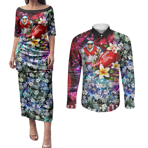 Personalized Sydney Swans Football Couples Matching Puletasi and Long Sleeve Button Shirt Tropical Hibiscus Flowers - Pacific Fusion Style