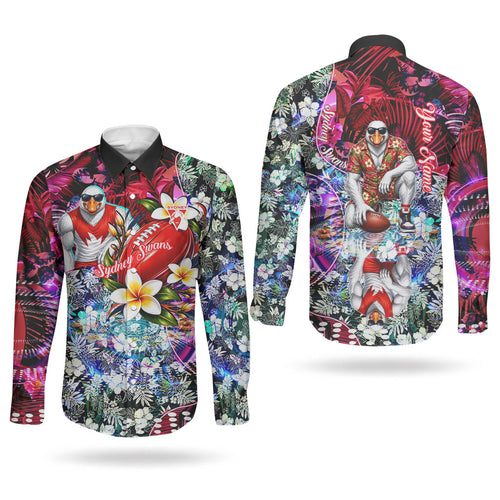 Personalized Sydney Swans Football Couples Matching Puletasi and Long Sleeve Button Shirt Tropical Hibiscus Flowers - Pacific Fusion Style