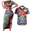 Personalized Sydney Swans Football Couples Matching Short Sleeve Bodycon Dress and Hawaiian Shirt Tropical Hibiscus Flowers - Pacific Fusion Style