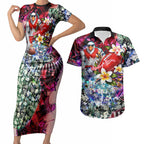 Personalized Sydney Swans Football Couples Matching Short Sleeve Bodycon Dress and Hawaiian Shirt Tropical Hibiscus Flowers - Pacific Fusion Style