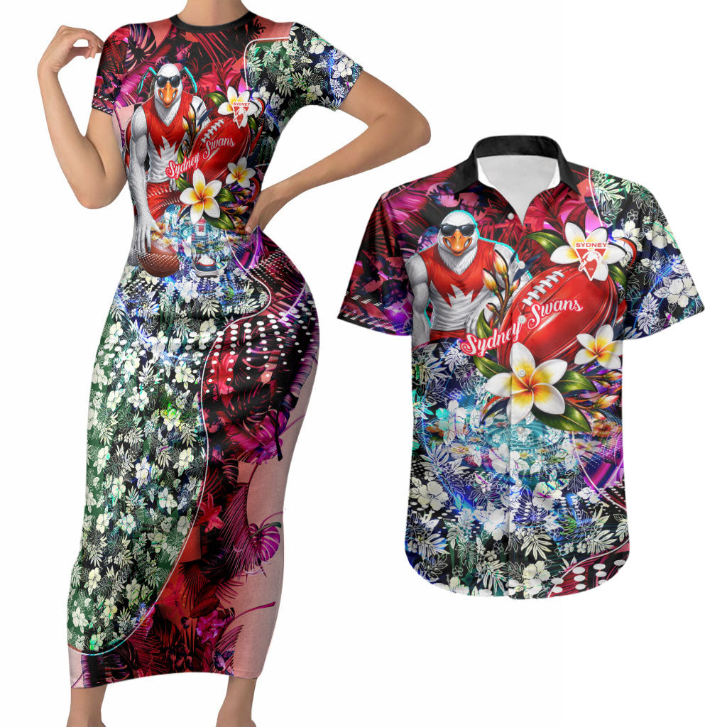 Personalized Sydney Swans Football Couples Matching Short Sleeve Bodycon Dress and Hawaiian Shirt Tropical Hibiscus Flowers - Pacific Fusion Style