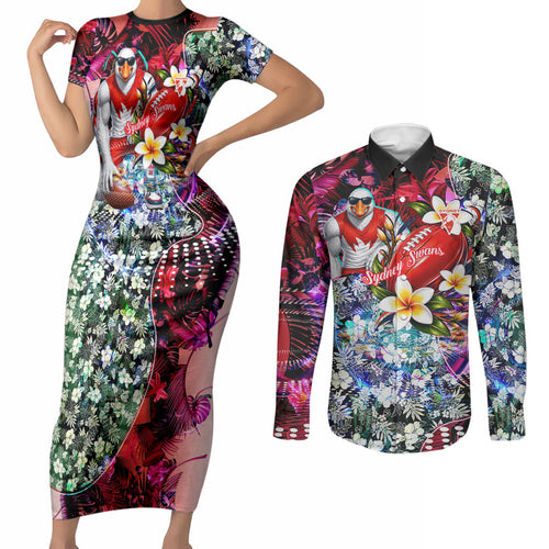 Personalized Sydney Swans Football Couples Matching Short Sleeve Bodycon Dress and Long Sleeve Button Shirt Tropical Hibiscus Flowers - Pacific Fusion Style