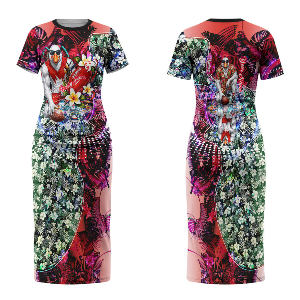 Personalized Sydney Swans Football Couples Matching Short Sleeve Bodycon Dress and Long Sleeve Button Shirt Tropical Hibiscus Flowers - Pacific Fusion Style