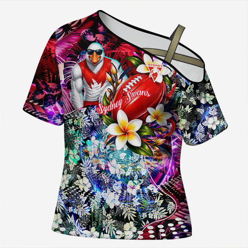 Personalized Sydney Swans Football Cross Shoulder Shirt Tropical Hibiscus Flowers - Pacific Fusion Style