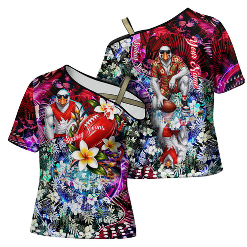 Personalized Sydney Swans Football Cross Shoulder Shirt Tropical Hibiscus Flowers - Pacific Fusion Style