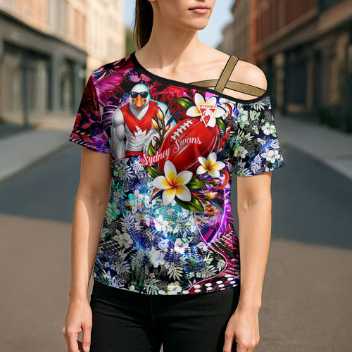 Personalized Sydney Swans Football Cross Shoulder Shirt Tropical Hibiscus Flowers - Pacific Fusion Style