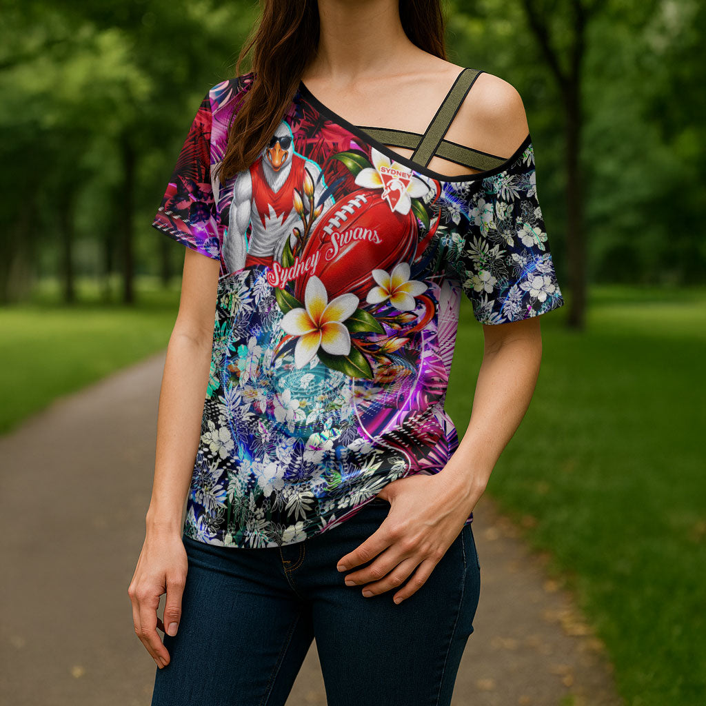 Personalized Sydney Swans Football Cross Shoulder Shirt Tropical Hibiscus Flowers - Pacific Fusion Style