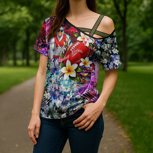 Personalized Sydney Swans Football Cross Shoulder Shirt Tropical Hibiscus Flowers - Pacific Fusion Style