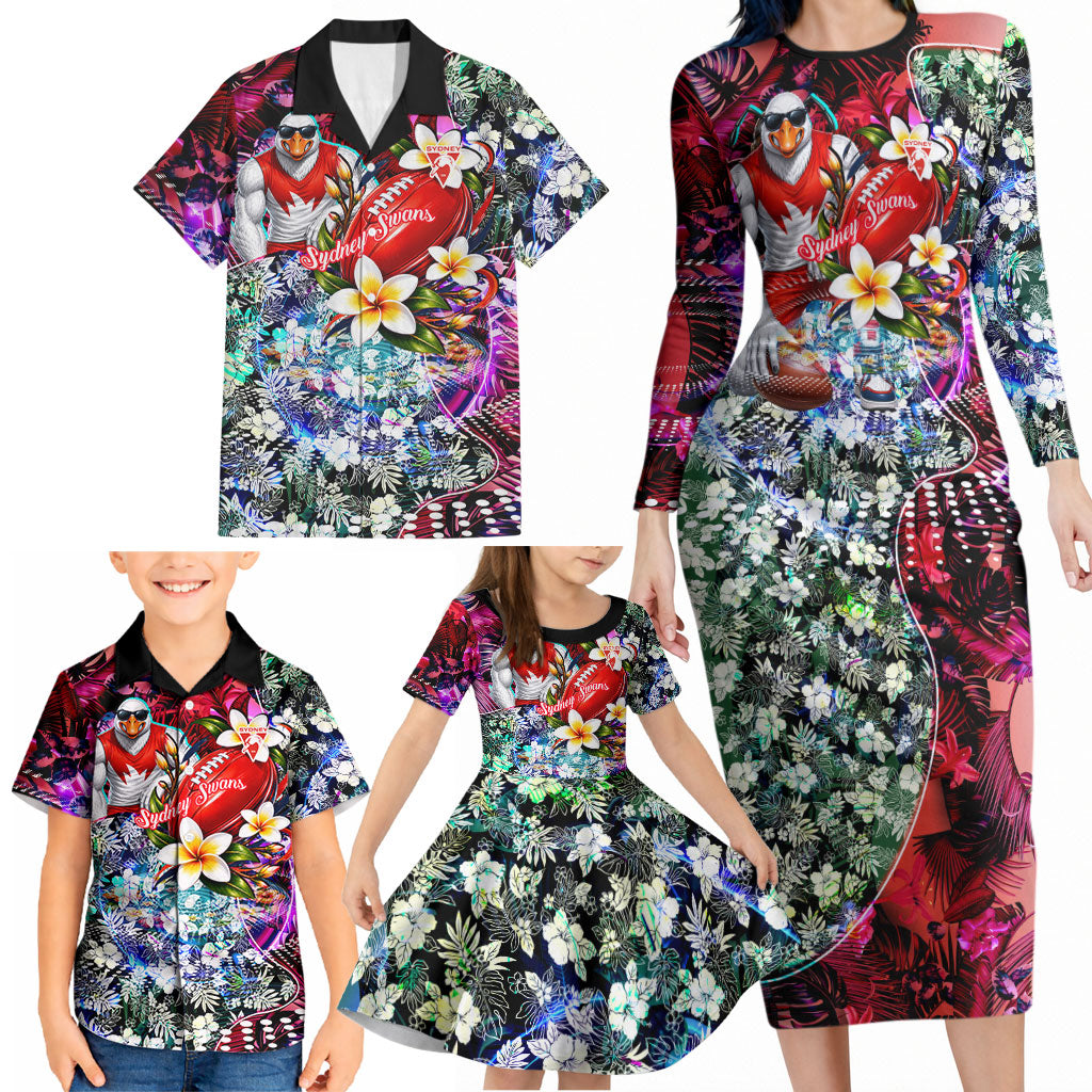 Personalized Sydney Swans Football Family Matching Long Sleeve Bodycon Dress and Hawaiian Shirt Tropical Hibiscus Flowers - Pacific Fusion Style
