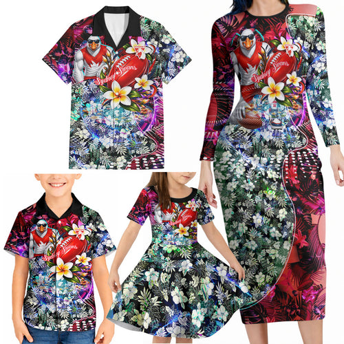 Personalized Sydney Swans Football Family Matching Long Sleeve Bodycon Dress and Hawaiian Shirt Tropical Hibiscus Flowers - Pacific Fusion Style