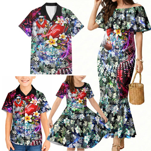 Personalized Sydney Swans Football Family Matching Mermaid Dress and Hawaiian Shirt Tropical Hibiscus Flowers - Pacific Fusion Style