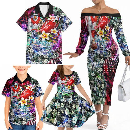 Personalized Sydney Swans Football Family Matching Off The Shoulder Long Sleeve Dress and Hawaiian Shirt Tropical Hibiscus Flowers - Pacific Fusion Style