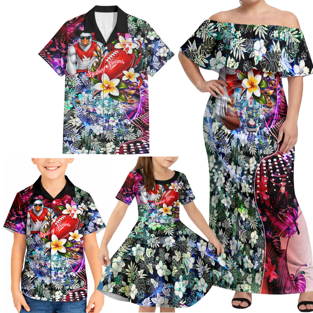 Personalized Sydney Swans Football Family Matching Off Shoulder Maxi Dress and Hawaiian Shirt Tropical Hibiscus Flowers - Pacific Fusion Style