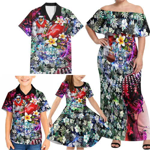 Personalized Sydney Swans Football Family Matching Off Shoulder Maxi Dress and Hawaiian Shirt Tropical Hibiscus Flowers - Pacific Fusion Style