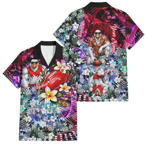 Personalized Sydney Swans Football Family Matching Off Shoulder Maxi Dress and Hawaiian Shirt Tropical Hibiscus Flowers - Pacific Fusion Style