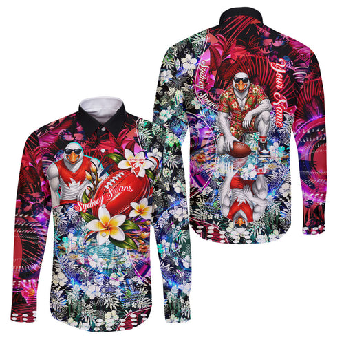 Personalized Sydney Swans Football Family Matching Off Shoulder Maxi Dress and Hawaiian Shirt Tropical Hibiscus Flowers - Pacific Fusion Style