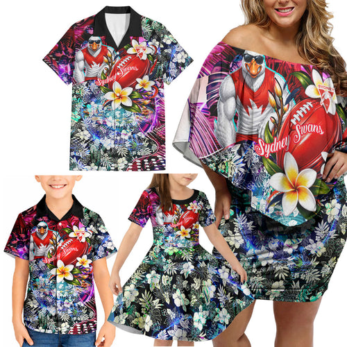Personalized Sydney Swans Football Family Matching Off Shoulder Short Dress and Hawaiian Shirt Tropical Hibiscus Flowers - Pacific Fusion Style