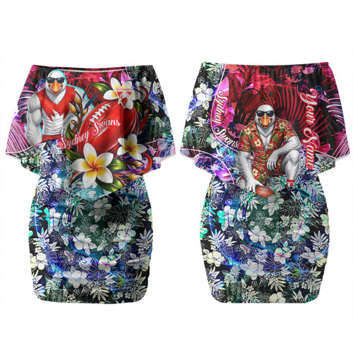 Personalized Sydney Swans Football Family Matching Off Shoulder Short Dress and Hawaiian Shirt Tropical Hibiscus Flowers - Pacific Fusion Style