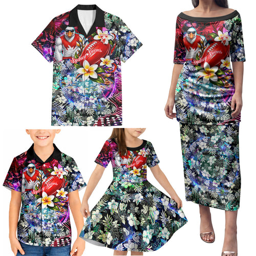 Personalized Sydney Swans Football Family Matching Puletasi and Hawaiian Shirt Tropical Hibiscus Flowers - Pacific Fusion Style