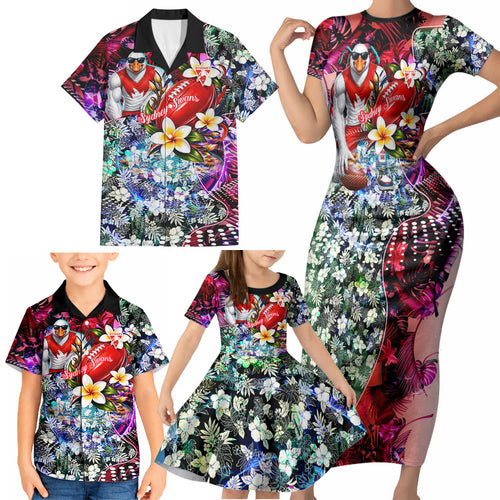 Personalized Sydney Swans Football Family Matching Short Sleeve Bodycon Dress and Hawaiian Shirt Tropical Hibiscus Flowers - Pacific Fusion Style