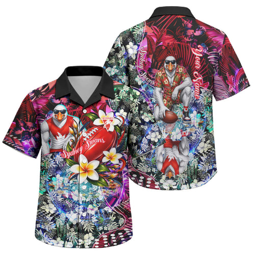 Personalized Sydney Swans Football Family Matching Short Sleeve Bodycon Dress and Hawaiian Shirt Tropical Hibiscus Flowers - Pacific Fusion Style