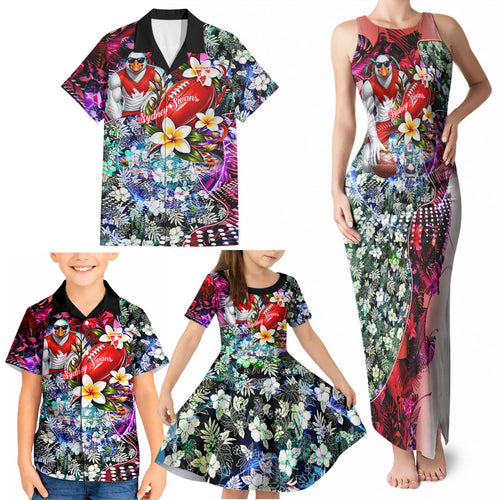 Personalized Sydney Swans Football Family Matching Tank Maxi Dress and Hawaiian Shirt Tropical Hibiscus Flowers - Pacific Fusion Style