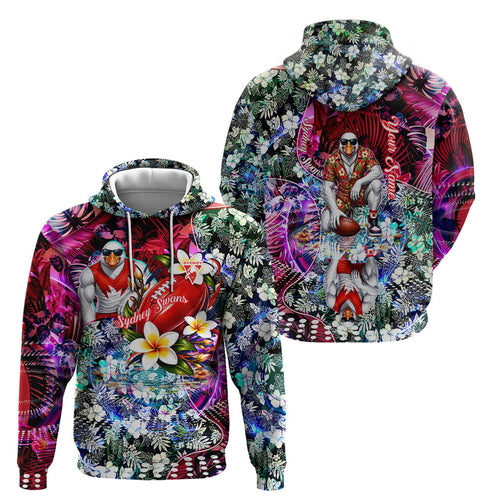 Personalized Sydney Swans Football Hoodie Tropical Hibiscus Flowers - Pacific Fusion Style
