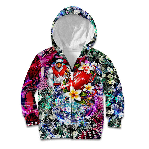 Personalized Sydney Swans Football Kid Hoodie Tropical Hibiscus Flowers - Pacific Fusion Style