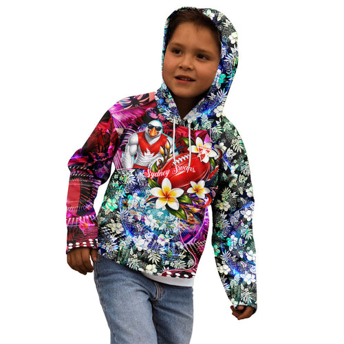 Personalized Sydney Swans Football Kid Hoodie Tropical Hibiscus Flowers - Pacific Fusion Style