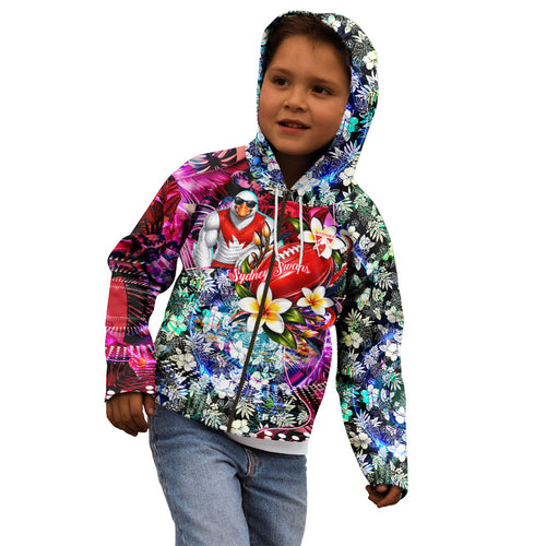 Personalized Sydney Swans Football Kid Hoodie Tropical Hibiscus Flowers - Pacific Fusion Style