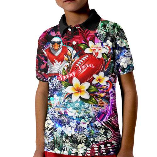 Personalized Sydney Swans Football Kid Polo Shirt Tropical Hibiscus Flowers - Pacific Fusion Style