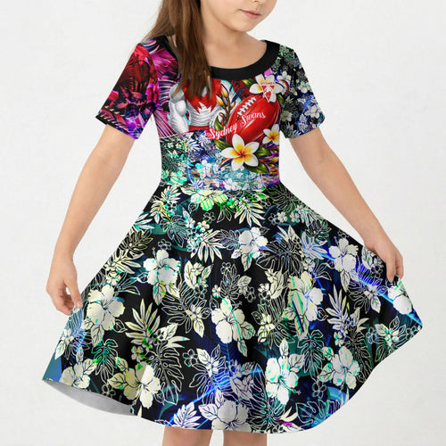 Personalized Sydney Swans Football Kid Short Sleeve Dress Tropical Hibiscus Flowers - Pacific Fusion Style