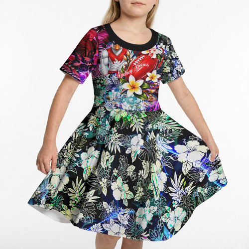Personalized Sydney Swans Football Kid Short Sleeve Dress Tropical Hibiscus Flowers - Pacific Fusion Style