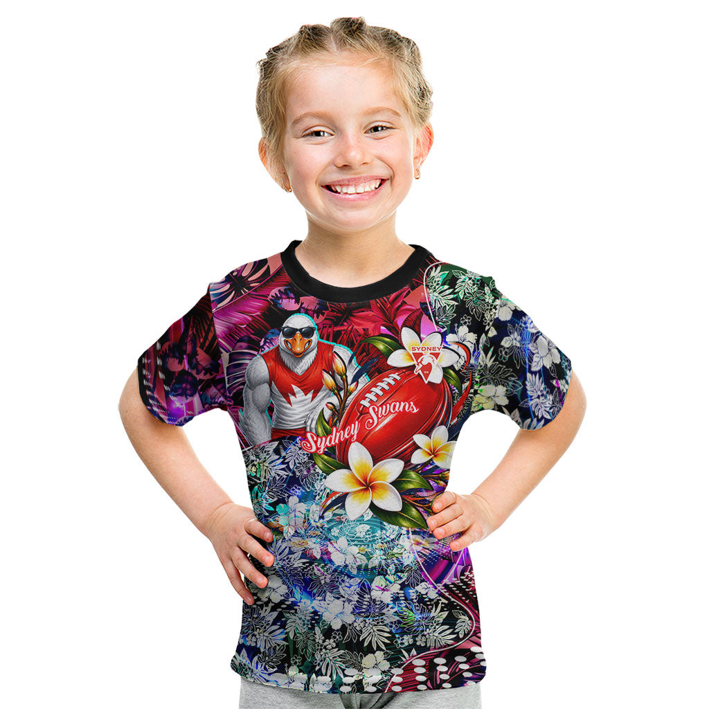 Personalized Sydney Swans Football Kid T Shirt Tropical Hibiscus Flowers - Pacific Fusion Style