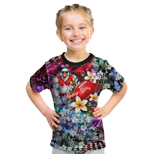 Personalized Sydney Swans Football Kid T Shirt Tropical Hibiscus Flowers - Pacific Fusion Style