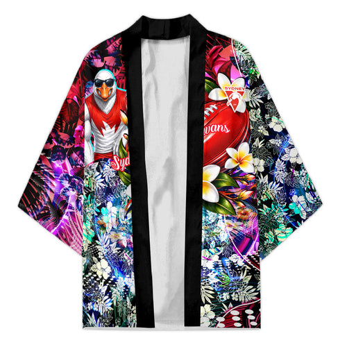 Personalized Sydney Swans Football Kimono Tropical Hibiscus Flowers - Pacific Fusion Style