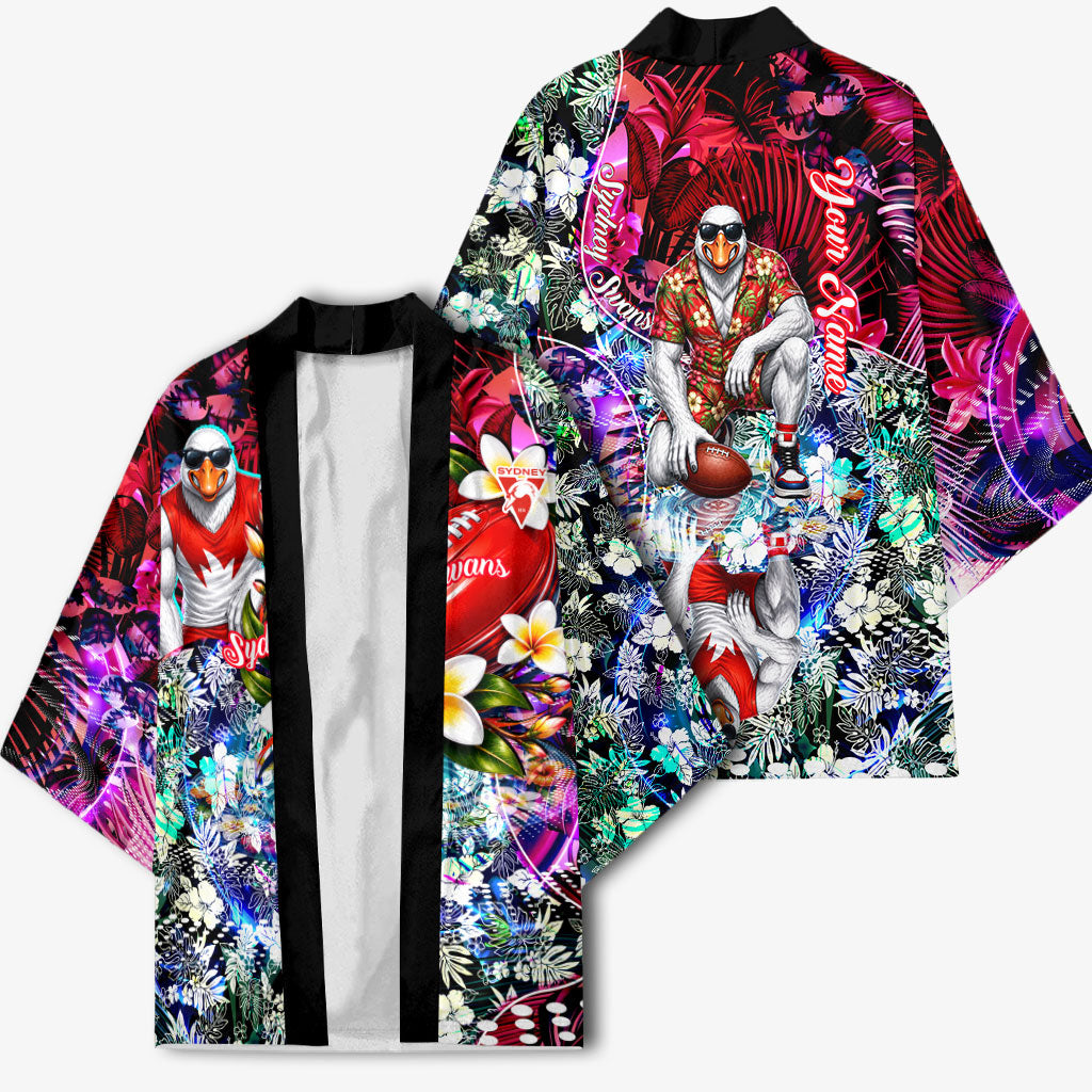 Personalized Sydney Swans Football Kimono Tropical Hibiscus Flowers - Pacific Fusion Style
