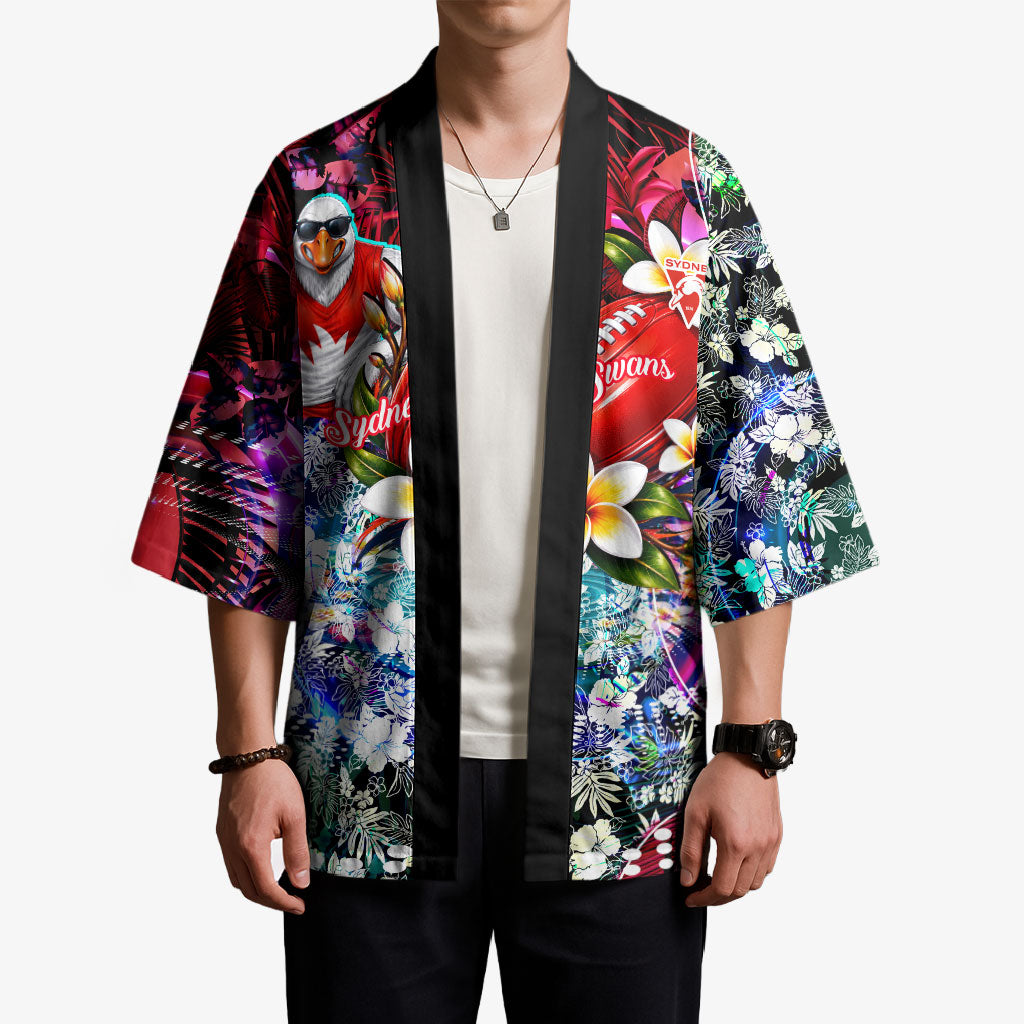 Personalized Sydney Swans Football Kimono Tropical Hibiscus Flowers - Pacific Fusion Style