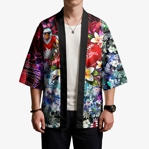 Personalized Sydney Swans Football Kimono Tropical Hibiscus Flowers - Pacific Fusion Style