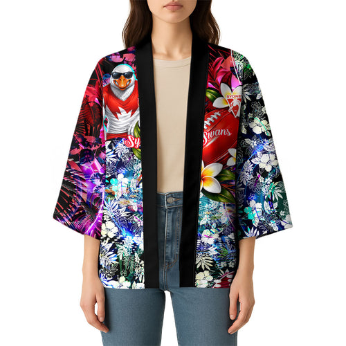 Personalized Sydney Swans Football Kimono Tropical Hibiscus Flowers - Pacific Fusion Style