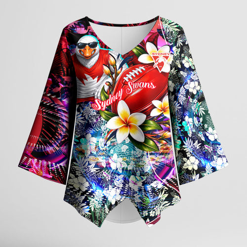 Personalized Sydney Swans Football Kimono Sleeve Blouse Tropical Hibiscus Flowers - Pacific Fusion Style