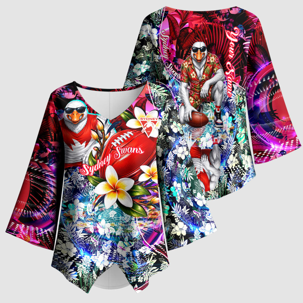 Personalized Sydney Swans Football Kimono Sleeve Blouse Tropical Hibiscus Flowers - Pacific Fusion Style