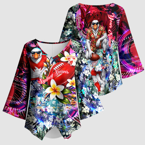 Personalized Sydney Swans Football Kimono Sleeve Blouse Tropical Hibiscus Flowers - Pacific Fusion Style