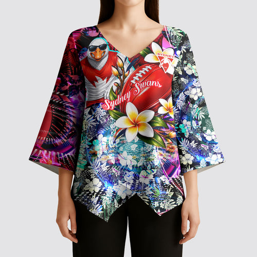 Personalized Sydney Swans Football Kimono Sleeve Blouse Tropical Hibiscus Flowers - Pacific Fusion Style