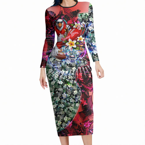 Personalized Sydney Swans Football Long Sleeve Bodycon Dress Tropical Hibiscus Flowers - Pacific Fusion Style